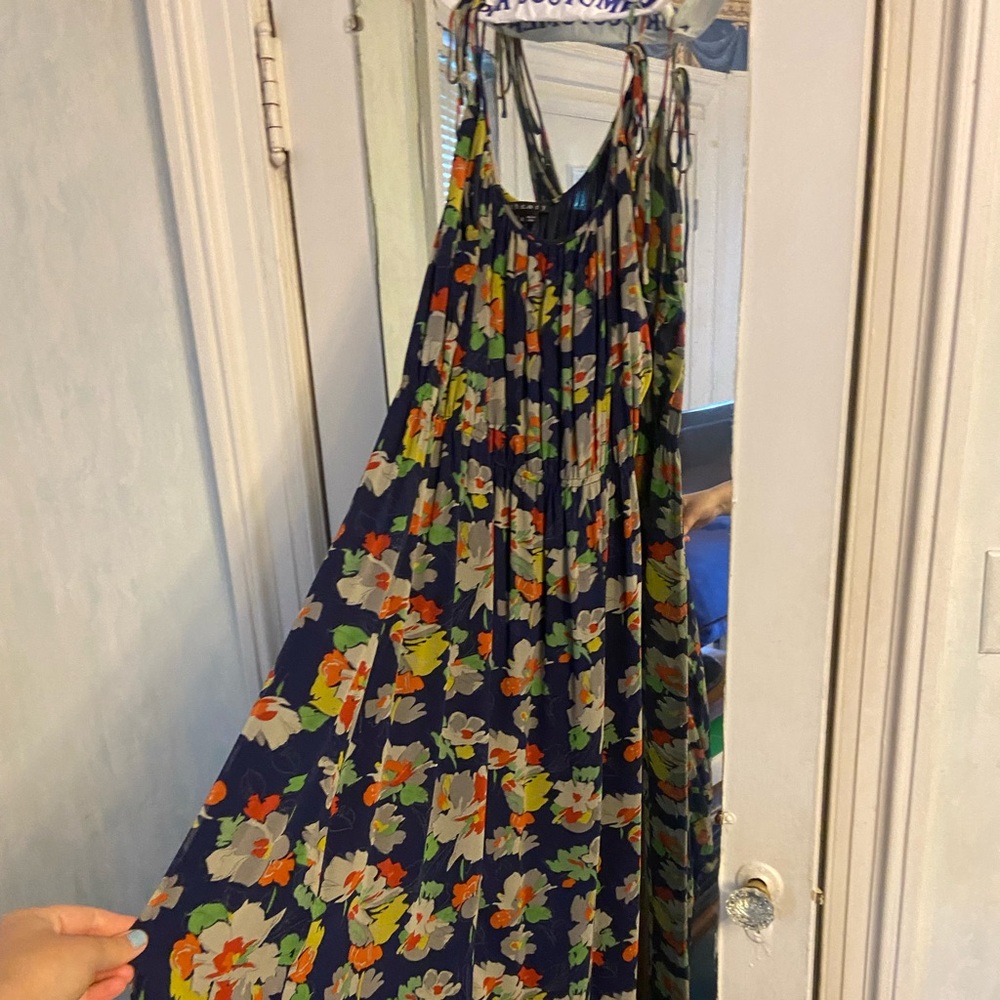 Theory blue with orange and green flowers. Strapless. Size M.